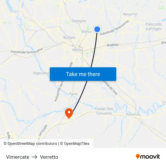 Vimercate to Verretto map