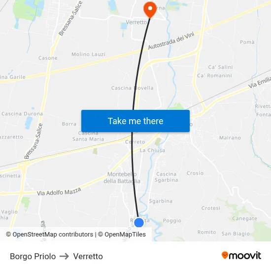 Borgo Priolo to Verretto map