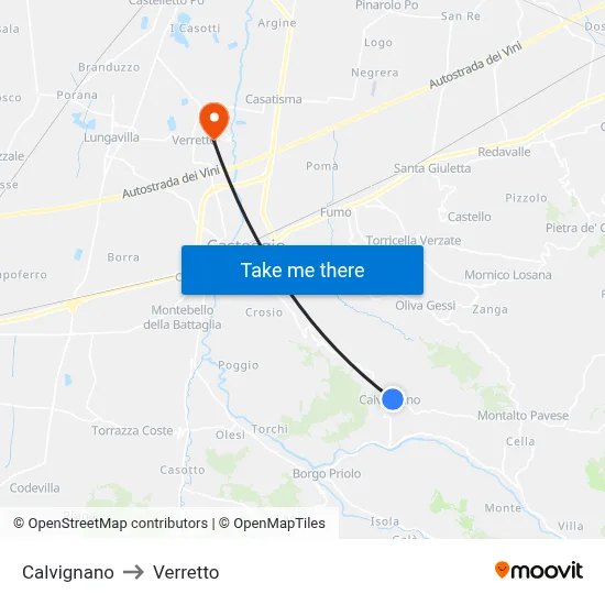 Calvignano to Verretto map