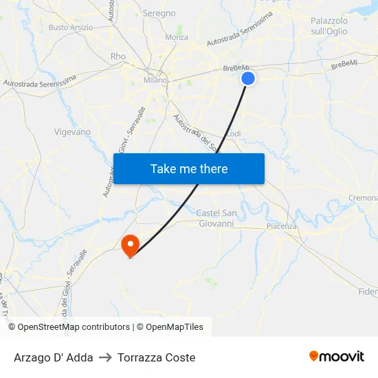 Arzago d'Adda to Torrazza Coste map