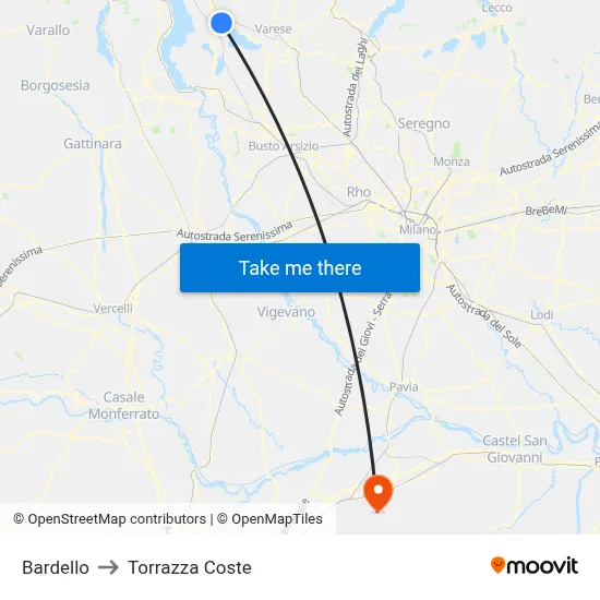 Bardello to Torrazza Coste map