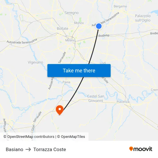 Basiano to Torrazza Coste map