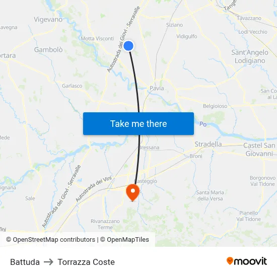 Battuda to Torrazza Coste map