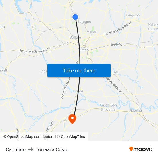 Carimate to Torrazza Coste map