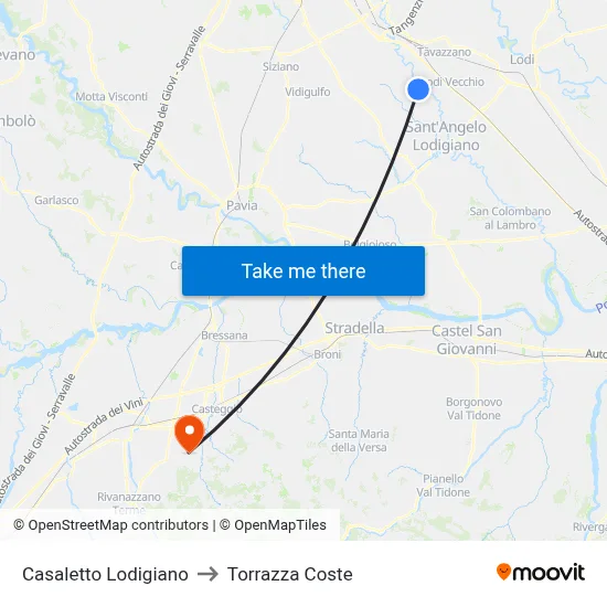 Casaletto Lodigiano to Torrazza Coste map