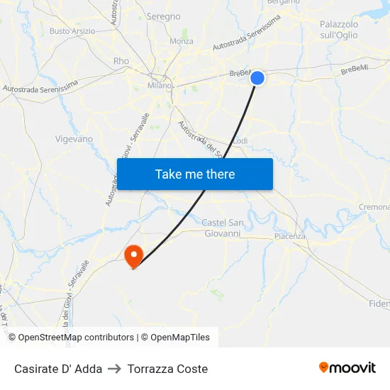 Casirate d'Adda to Torrazza Coste map