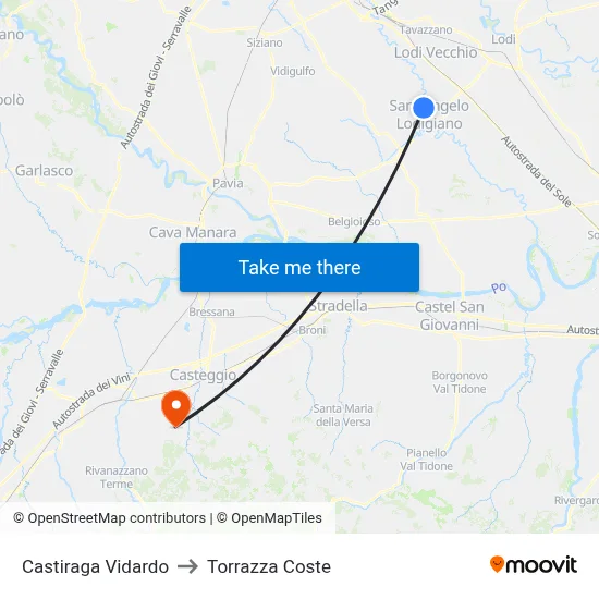 Castiraga Vidardo to Torrazza Coste map