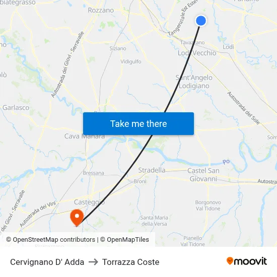 Cervignano d'Adda to Torrazza Coste map