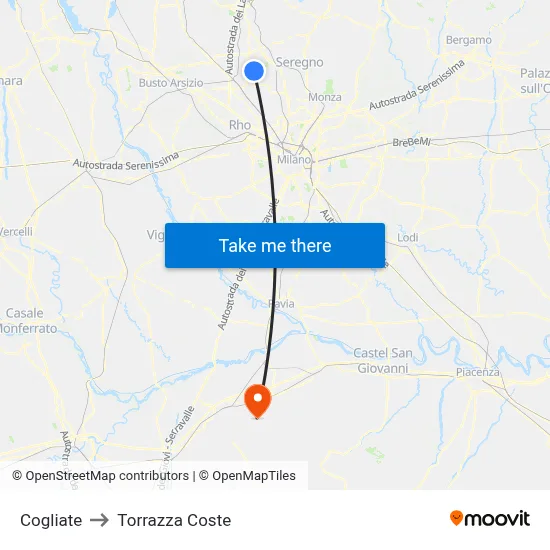 Cogliate to Torrazza Coste map