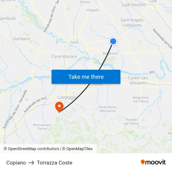 Copiano to Torrazza Coste map