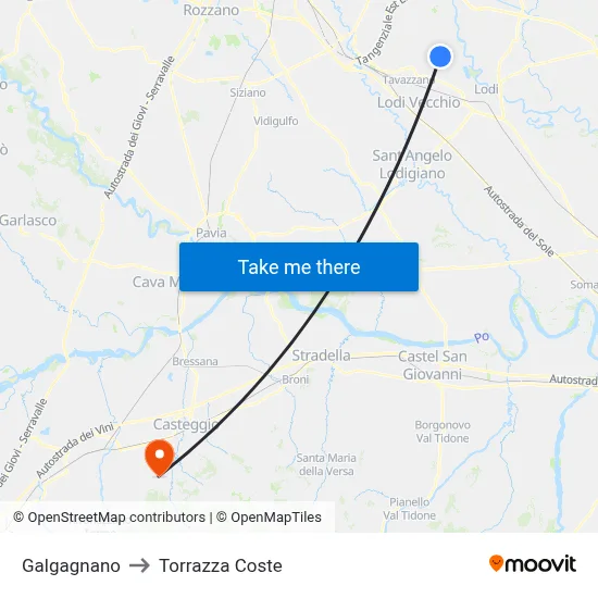 Galgagnano to Torrazza Coste map