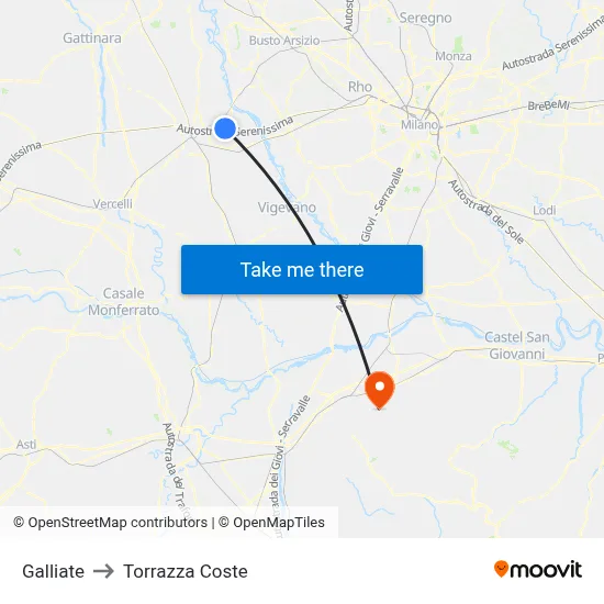 Galliate to Torrazza Coste map