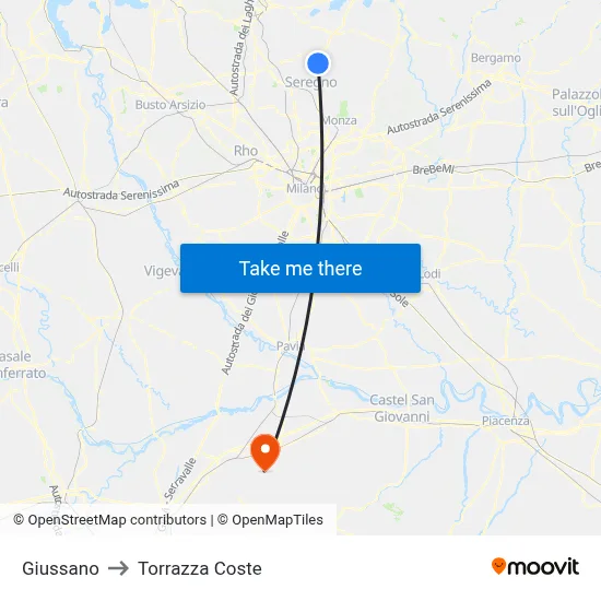Giussano to Torrazza Coste map