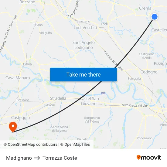 Madignano to Torrazza Coste map