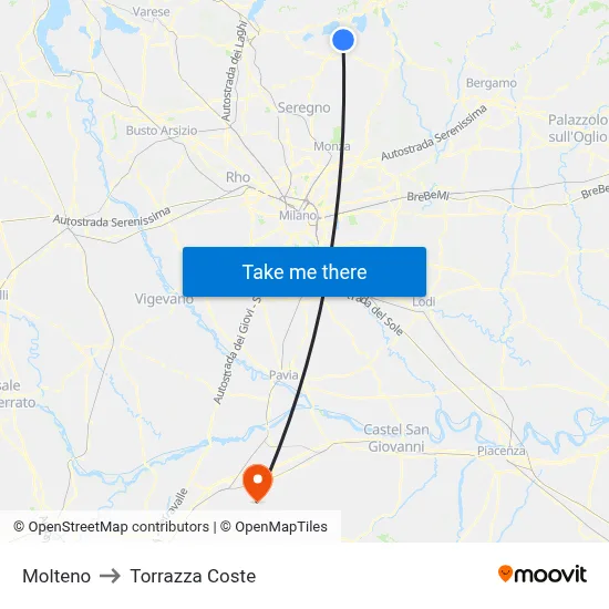 Molteno to Torrazza Coste map
