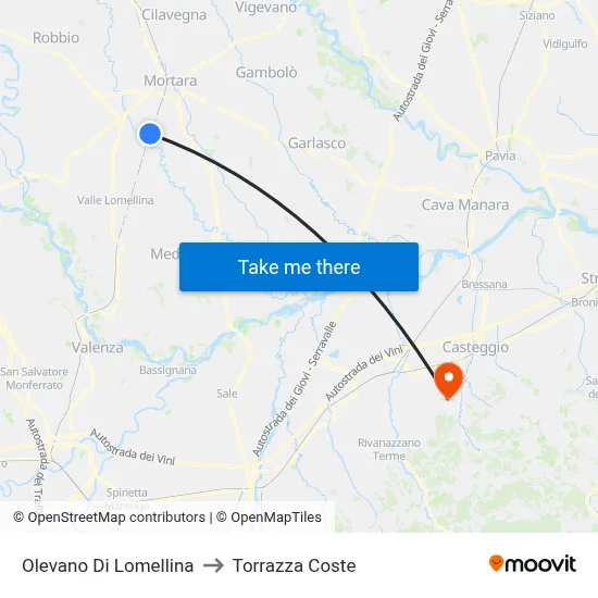 Olevano Di Lomellina to Torrazza Coste map