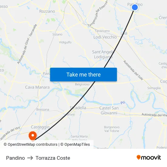 Pandino to Torrazza Coste map