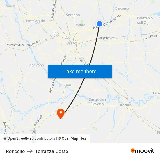 Roncello to Torrazza Coste map