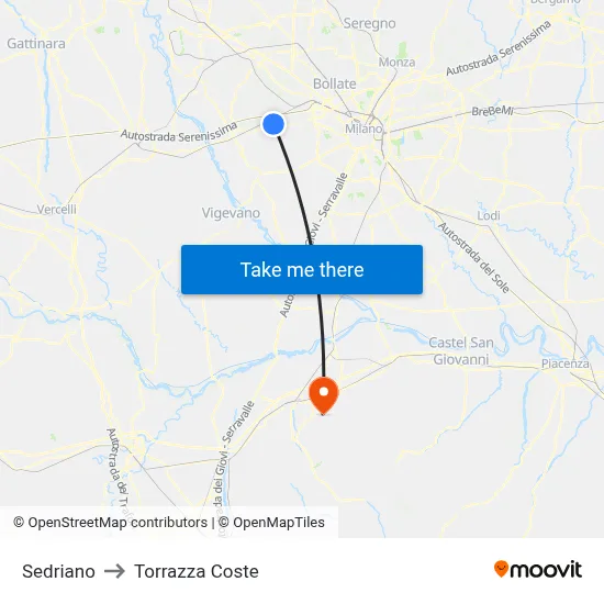 Sedriano to Torrazza Coste map