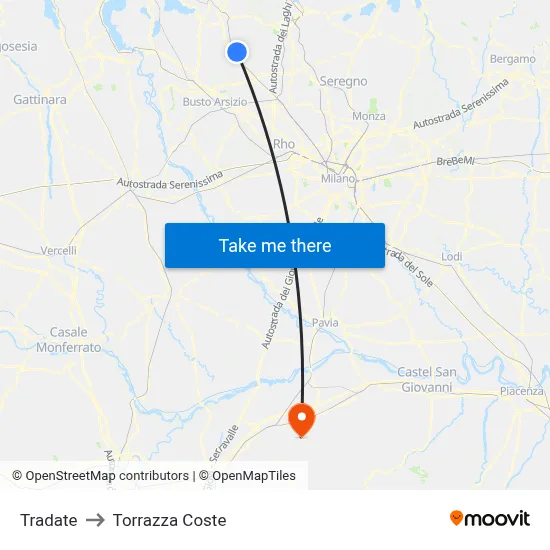 Tradate to Torrazza Coste map
