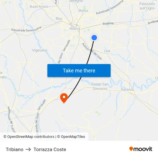 Tribiano to Torrazza Coste map