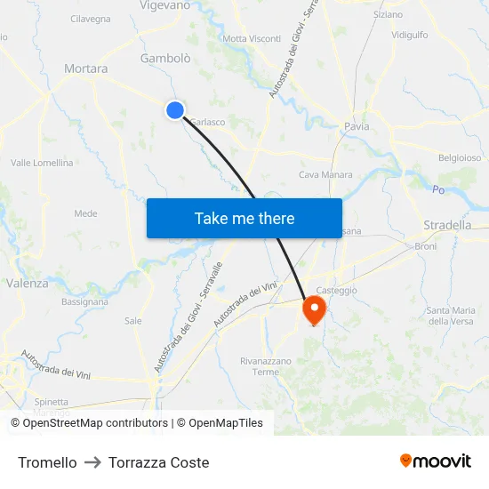 Tromello to Torrazza Coste map