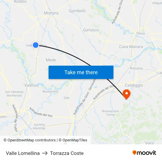 Valle Lomellina to Torrazza Coste map