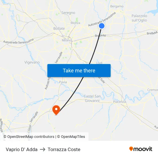 Vaprio d'Adda to Torrazza Coste map