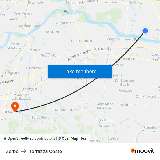Zerbo to Torrazza Coste map