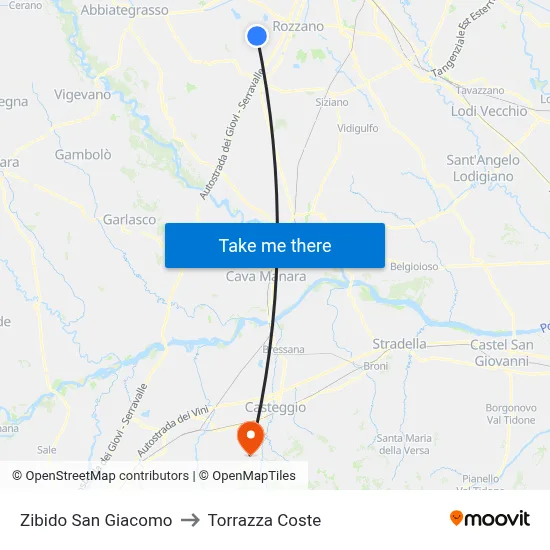 Zibido San Giacomo to Torrazza Coste map