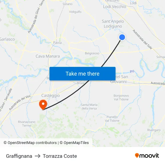 Graffignana to Torrazza Coste map