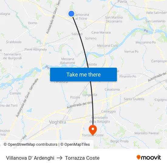 Villanova d'Ardenghi to Torrazza Coste map