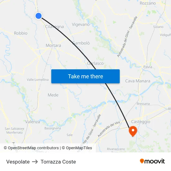 Vespolate to Torrazza Coste map