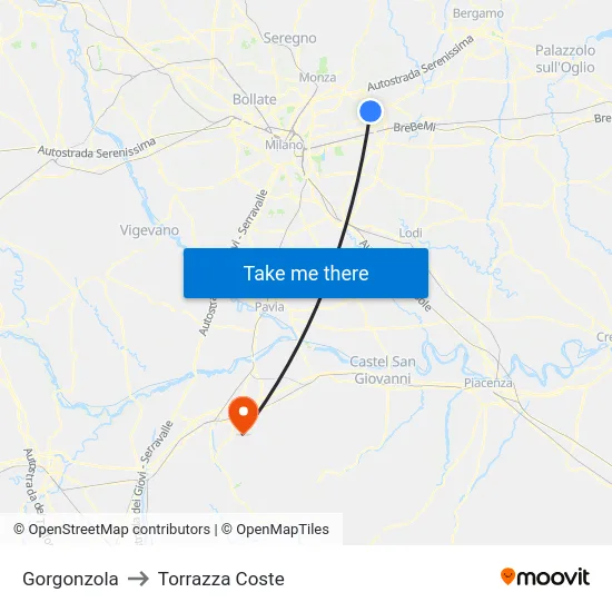 Gorgonzola to Torrazza Coste map
