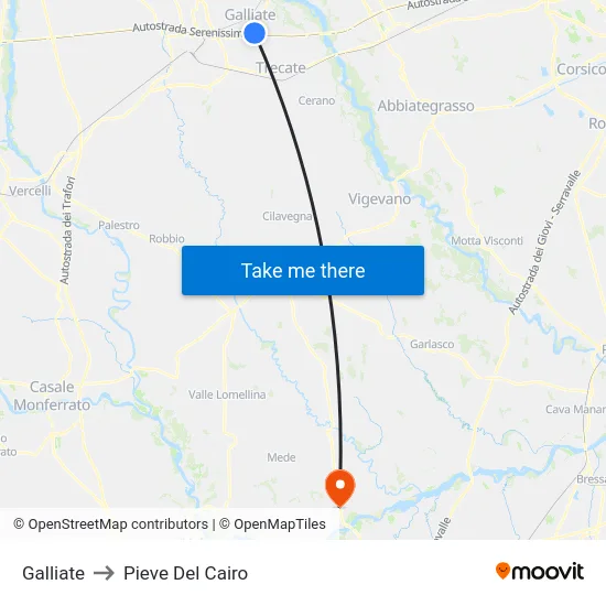 Galliate to Pieve del Cairo map