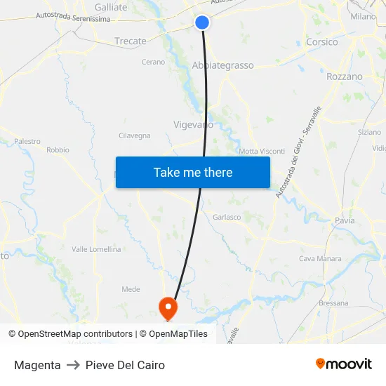 Magenta to Pieve del Cairo map