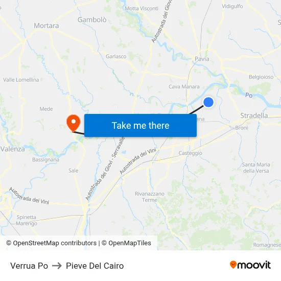 Verrua Po to Pieve Del Cairo map