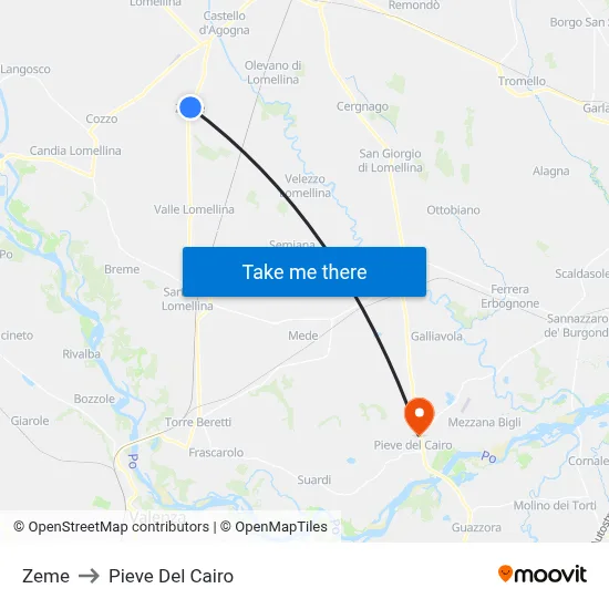 Zeme to Pieve Del Cairo map