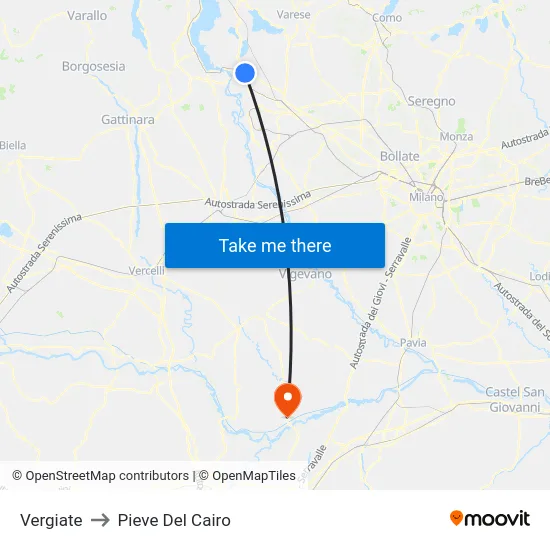 Vergiate to Pieve Del Cairo map