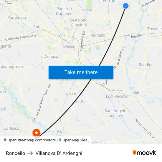 Roncello to Villanova d'Ardenghi map