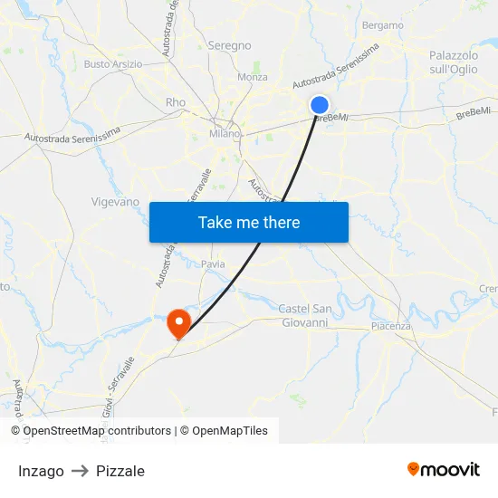 Inzago to Pizzale map