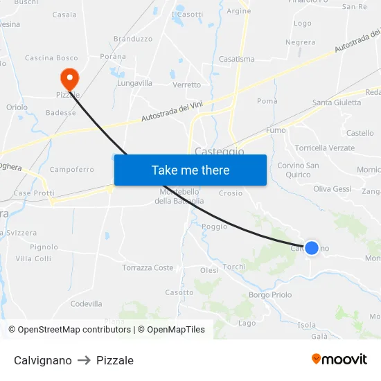 Calvignano to Pizzale map
