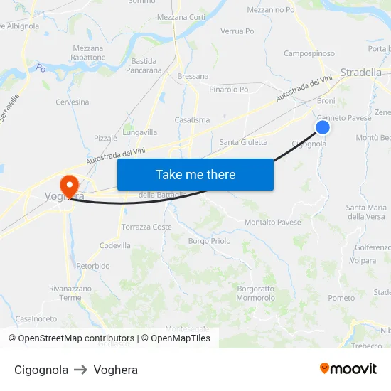 Cigognola to Voghera map