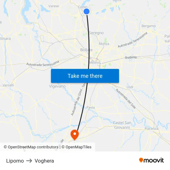 Lipomo to Voghera map