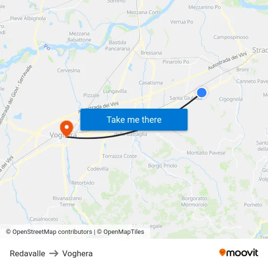 Redavalle to Voghera map