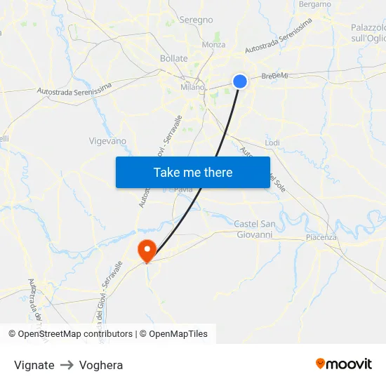 Vignate to Voghera map