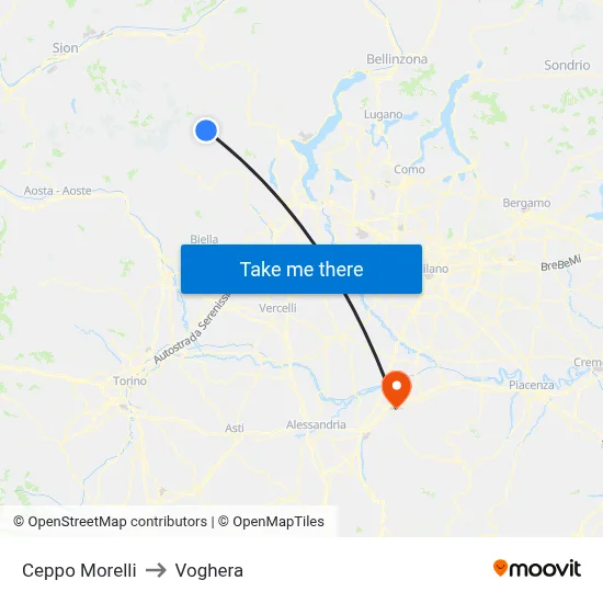 Ceppo Morelli to Voghera map