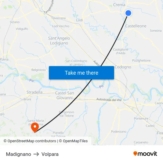 Madignano to Volpara map