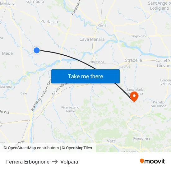 Ferrera Erbognone to Volpara map