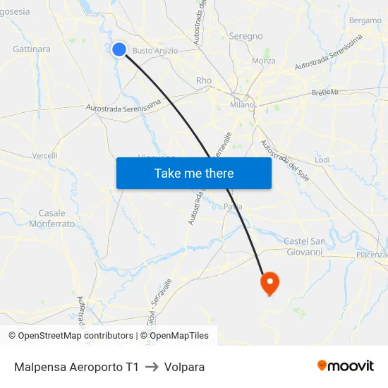 Malpensa Airport T1 to Volpara map